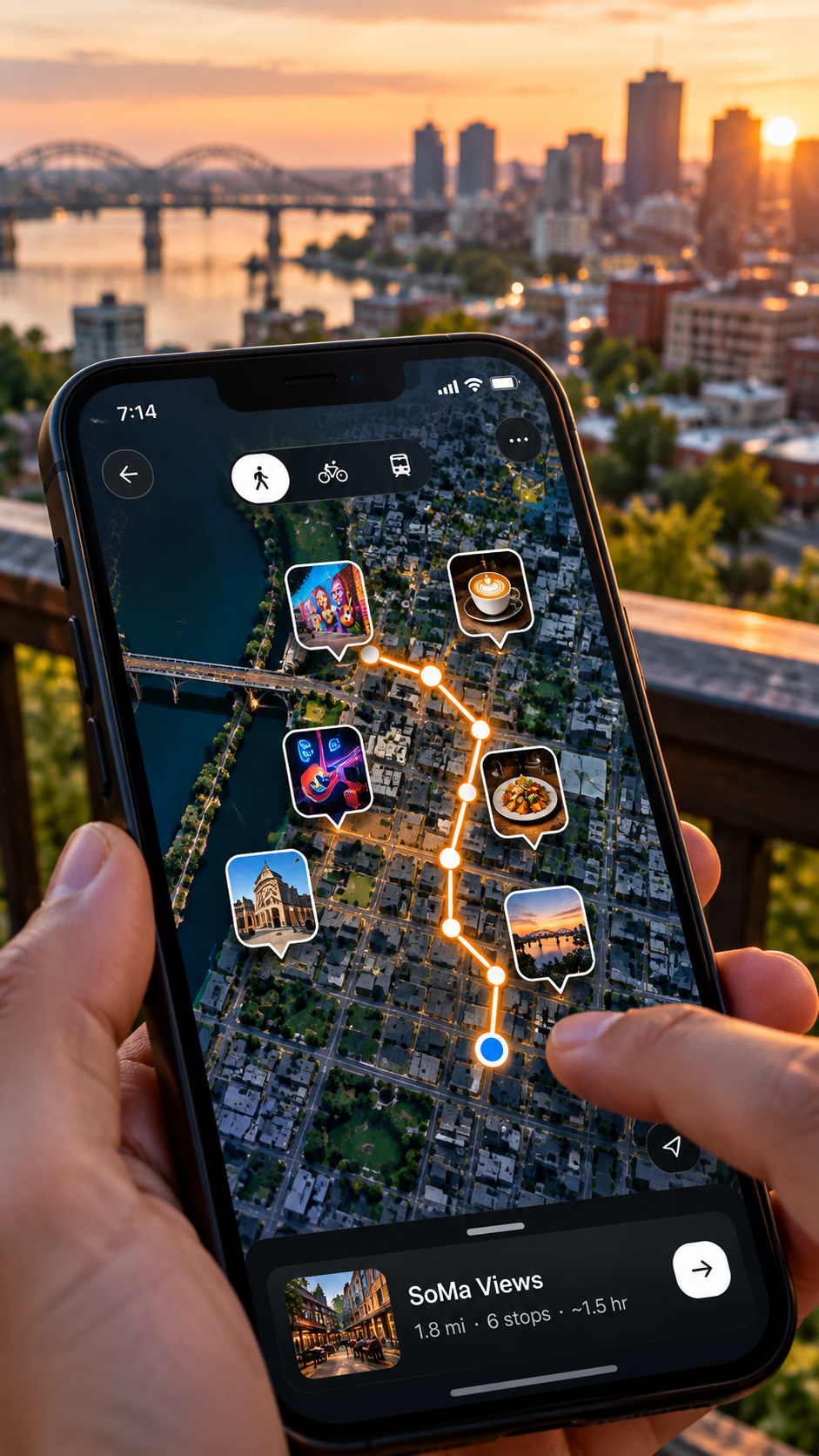 A hand holding a phone with a city exploration route at sunset