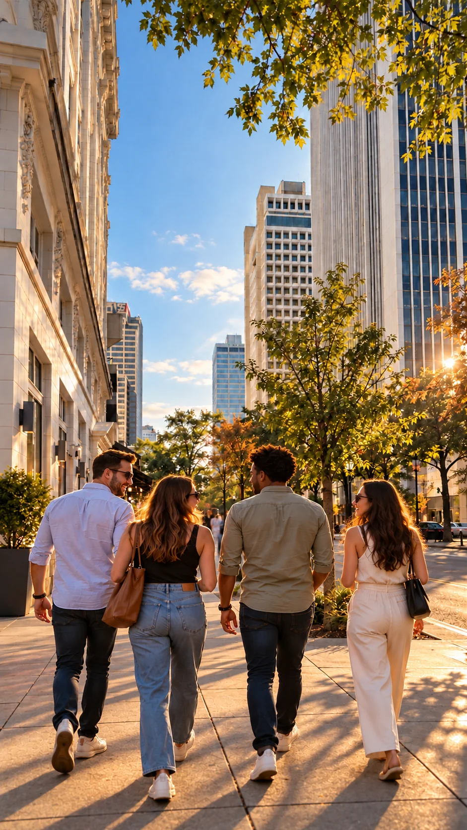 Fictional composite city scene, with four friends walking downtown at golden hour