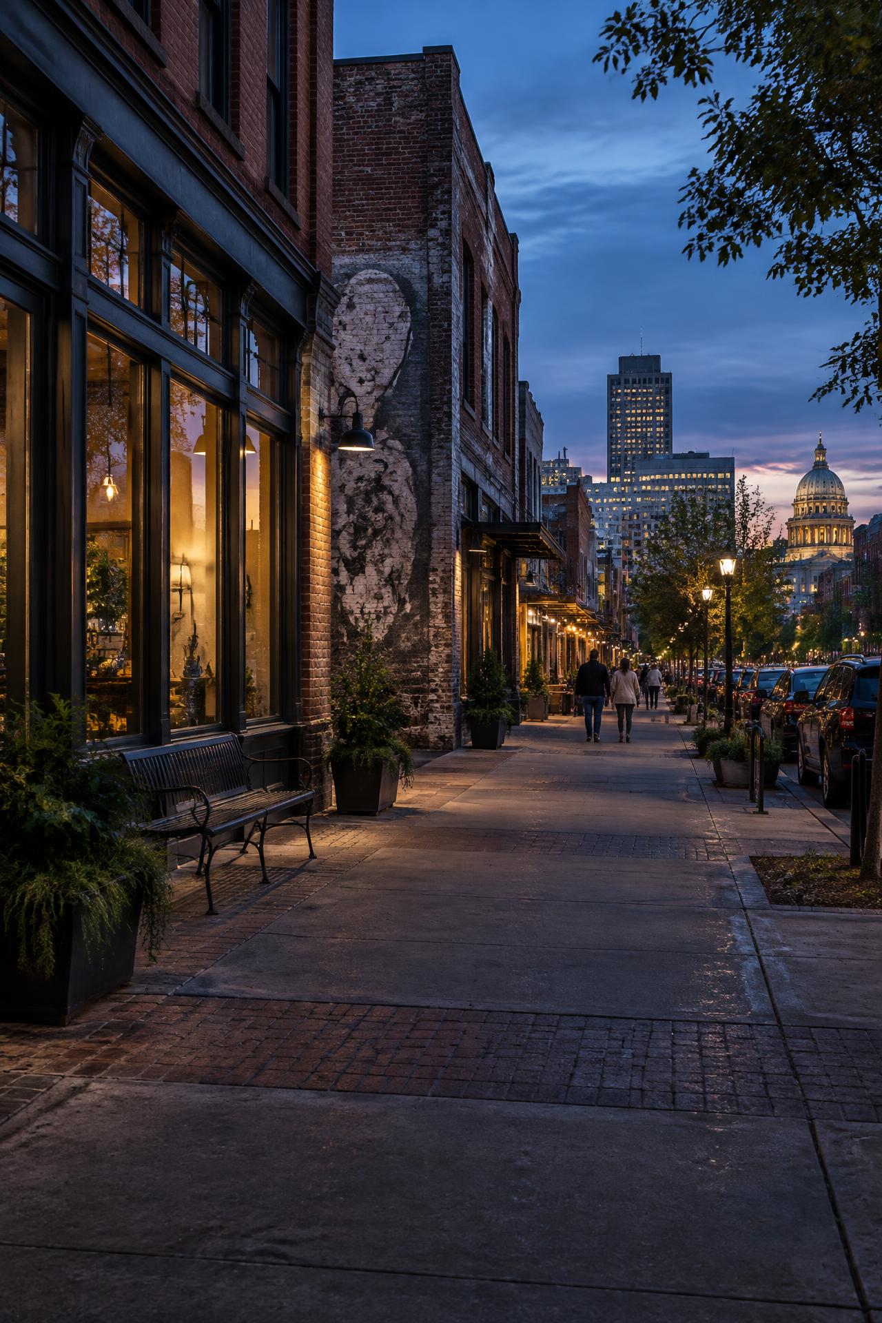 A city street at blue hour, lit windows along the block